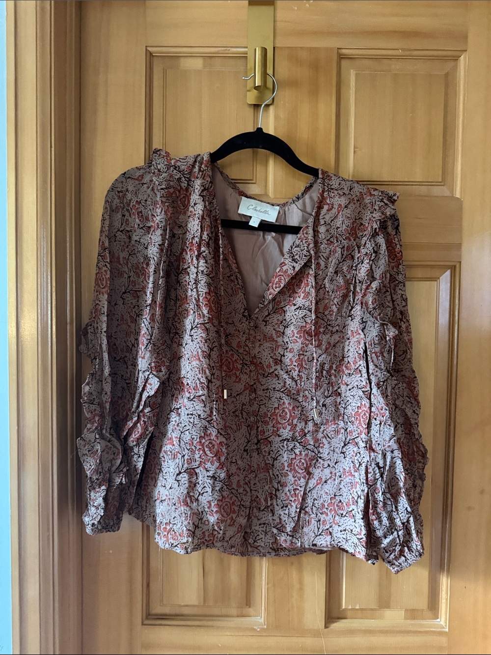 Cleobella Floral V-Neck Ruffle Blouse in Taupe and Rust